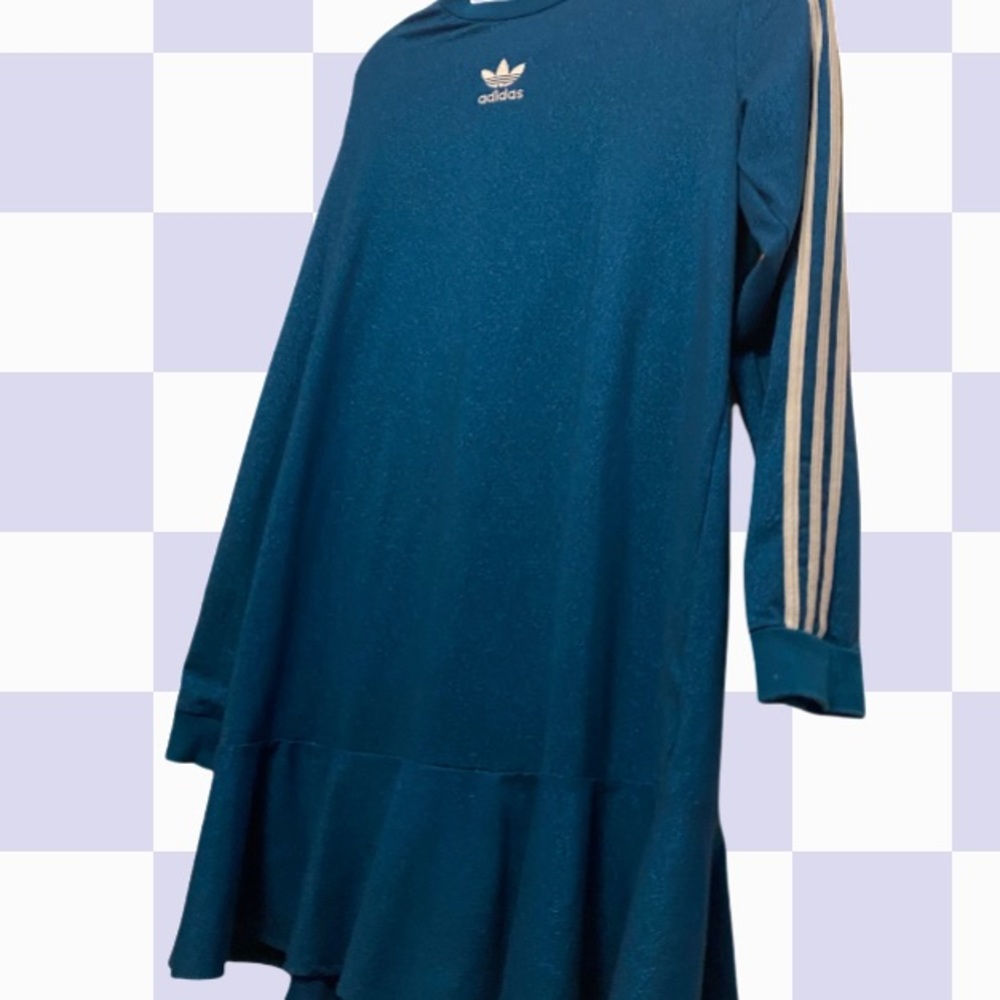 Adidas Long Sleeve Ruffle Bottom Three Stripes Dress Sz Medium in teal